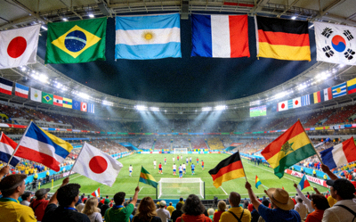 世界杯小组赛高清直播画面，多国国旗飘扬